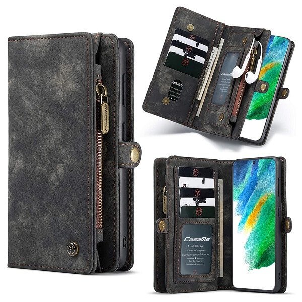 CaseMe For Samsung Galaxy S Series Zipper & Detachable Retro Leather Pouch Wallet Flip Purse Bag Detachable Phone Case Cover