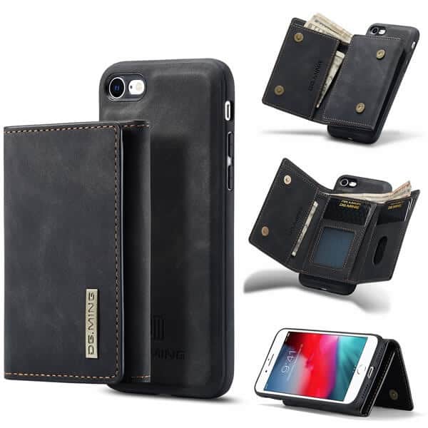 DG.MING Black iPhone SE 2020 Magnetic Trifold Wallet Case