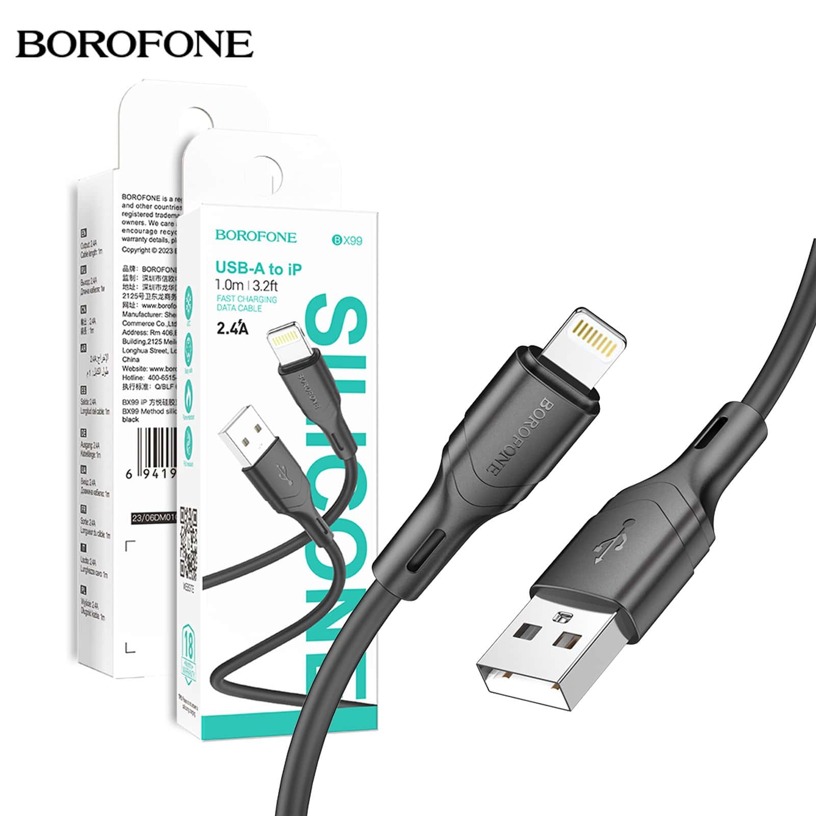 (30 pcs/Box) Borofone BX99 1M USB A to Lightning Data Sync Cable Cord For Shop Counter (Black)