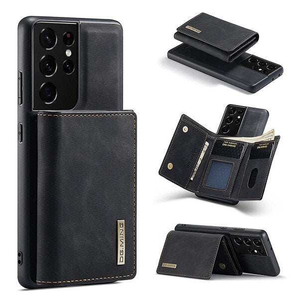 DG.MING Black Samsung Galaxy S21 Ultra Magnetic Trifold Wallet Case