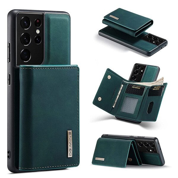 DG.MING Blue Samsung Galaxy S21 Ultra Magnetic Trifold Wallet Case
