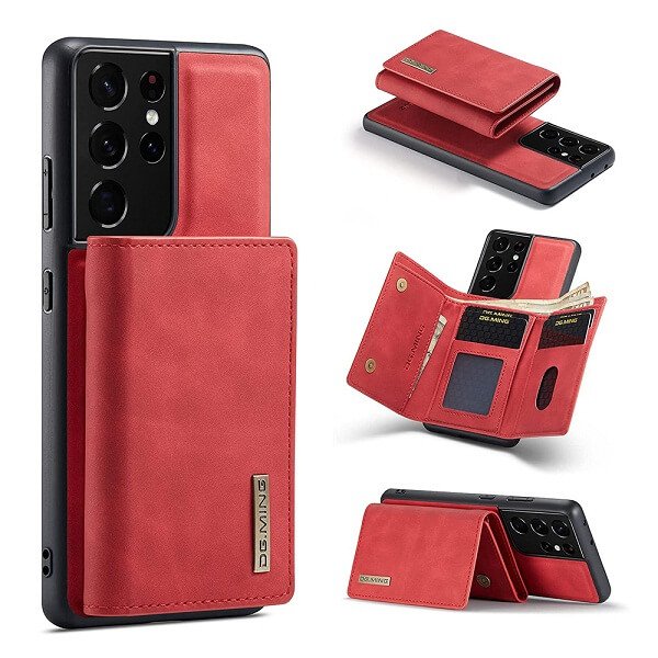 DG.MING Red Samsung Galaxy S21 Ultra Magnetic Trifold Wallet Case