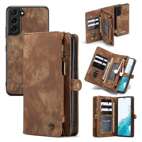 CaseMe For Samsung Galaxy S Series Zipper & Detachable Retro Leather Pouch Wallet Flip Purse Bag Detachable Phone Case Cover
