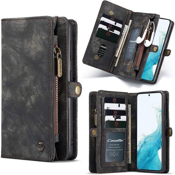CaseMe For Samsung Galaxy S Series Zipper & Detachable Retro Leather Pouch Wallet Flip Purse Bag Detachable Phone Case Cover