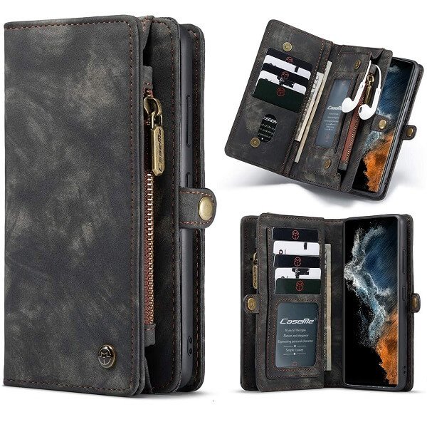 CaseMe For Samsung Galaxy S Series Zipper & Detachable Retro Leather Pouch Wallet Flip Purse Bag Detachable Phone Case Cover