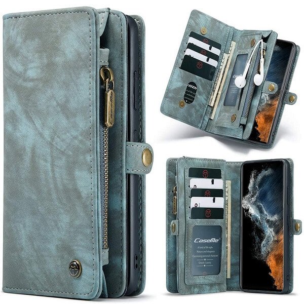 CaseMe For Samsung Galaxy S Series Zipper & Detachable Retro Leather Pouch Wallet Flip Purse Bag Detachable Phone Case Cover