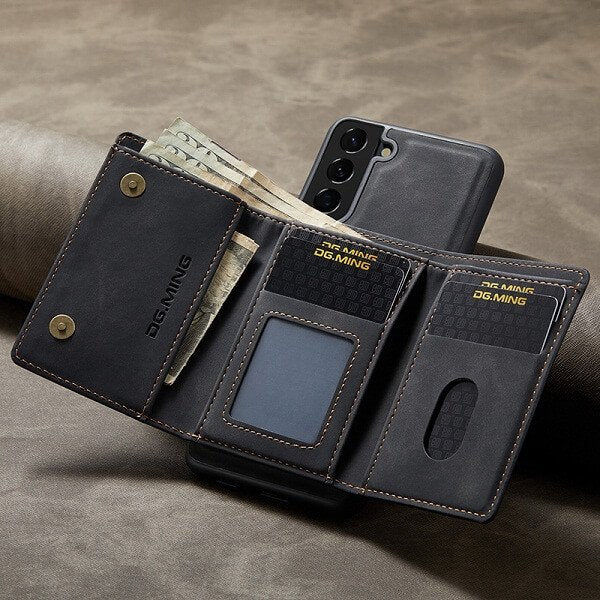 DG.MING For Samsung Galaxy S Series Premium Trifold Wallet Leather Case With 2-in-1 Magnetic Detachable Card Holder Pocket Cover