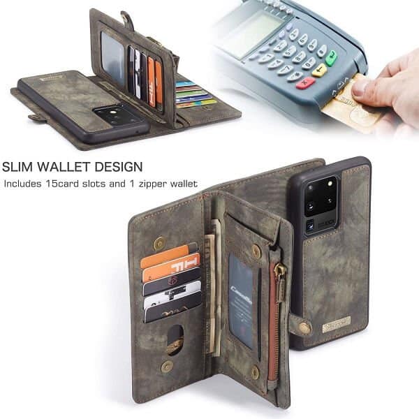 CaseMe For Samsung Galaxy S Series Zipper & Detachable Retro Leather Pouch Wallet Flip Purse Bag Detachable Phone Case Cover