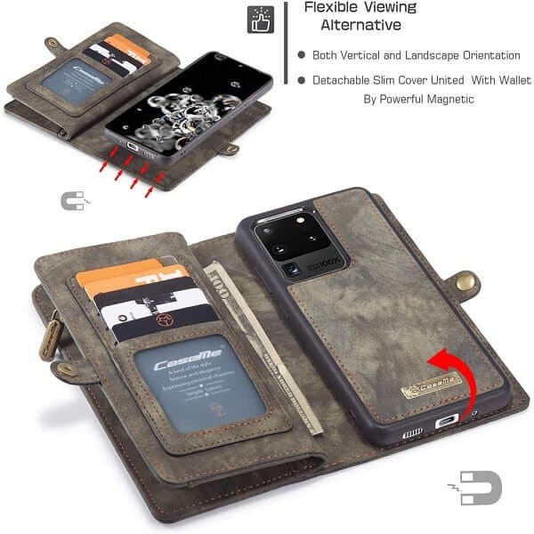 CaseMe For Samsung Galaxy S Series Zipper & Detachable Retro Leather Pouch Wallet Flip Purse Bag Detachable Phone Case Cover