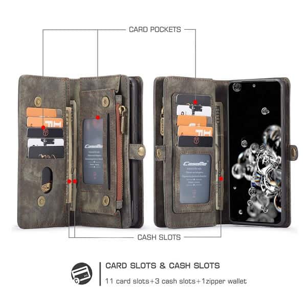 CaseMe For Samsung Galaxy S Series Zipper & Detachable Retro Leather Pouch Wallet Flip Purse Bag Detachable Phone Case Cover