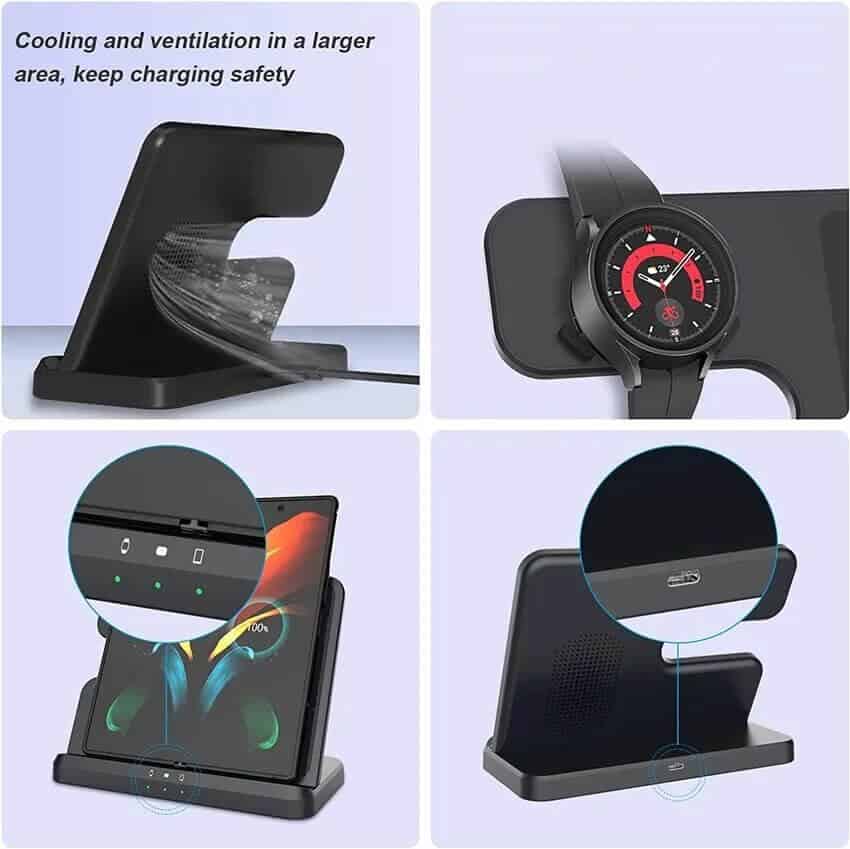 15W 3in1 Qi Wireless Fast Charging Charger Stand for Samsung Galaxy Watch 6/5/4/3/Active Galaxy S23/S22/S21 Ultra /Note Z Fold /Flip 4 Galaxy Buds