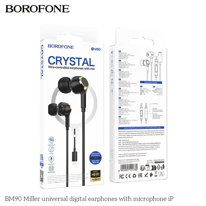 BOROFONE BM90 Lightning Wire Controlled Digital Earphones Headphone With Microphone Supports Calls Audio Plug Wired Headset For iPhone /iPad