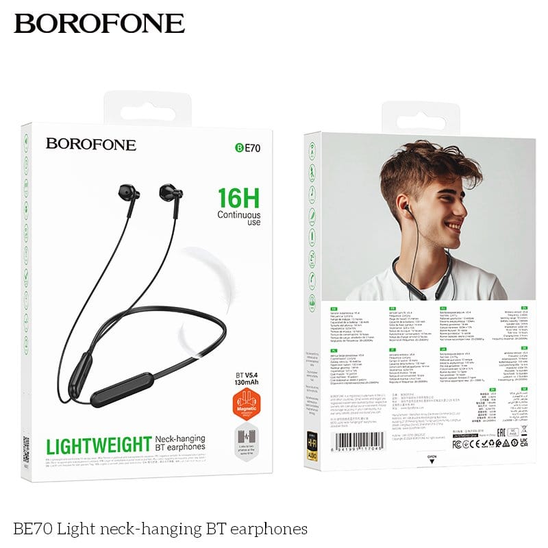 Borofone BE70 Wireless Bluetooth 5.4 Light Neck Hanging Headphones in-Ear Earbuds Earphones for Running/Fitness/Gaming/Music (Black)