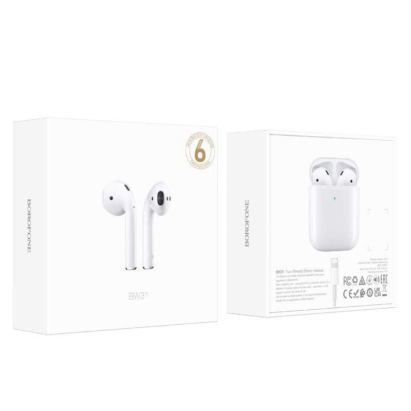 Borofone BW31 TWS True Wireless Stereo Bluetooth Earphone Earbud Touch Control Headphone Sports Earbuds Waterproof Headset Mic (White)