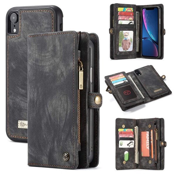 Black Zipper & Detachable Pouch Wallet Flip Wallet Case