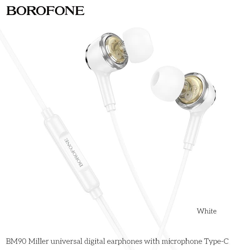 BOROFONE BM90 USB Type C Wire Controlled Digital Earphones Headphone With Microphone Supports Calls Audio Plug Wired Headset (White)