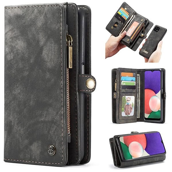 Samsung Galaxy A22 5G Black Zipper Wallet Leather Case for Sale