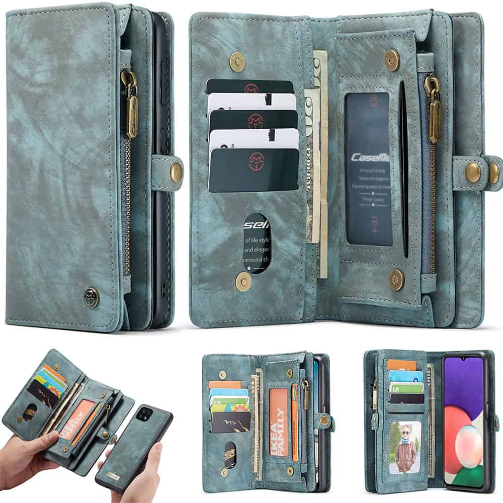 Samsung Galaxy A22 5G Sky Blue Zipper Wallet Leather Case for Sale