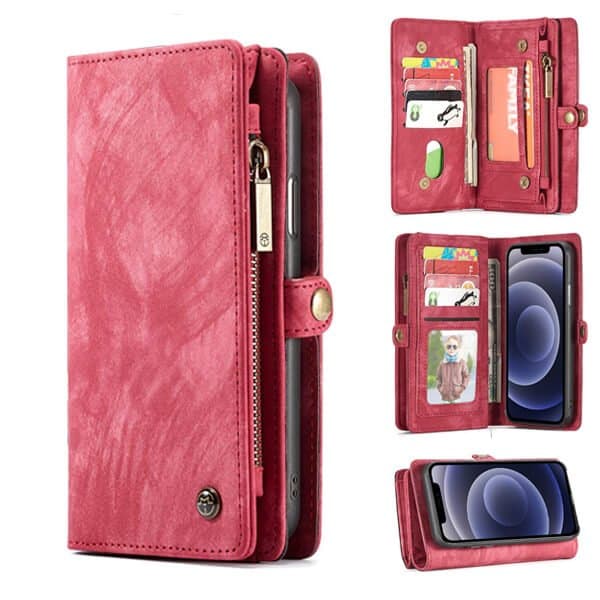 Red Zipper & Detachable Pouch Wallet Flip Wallet Case