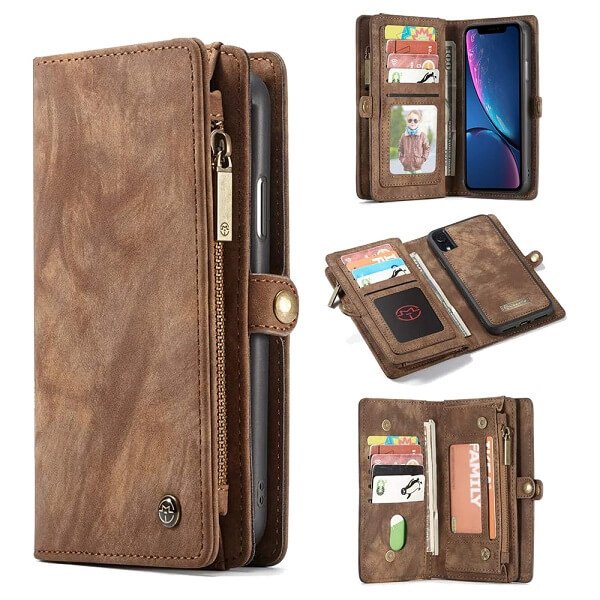 CaseMe For Apple iPhone XR Zipper & Detachable Retro Leather Pouch Wallet Flip Purse Bag Detachable Phone Case Cover (Brown)