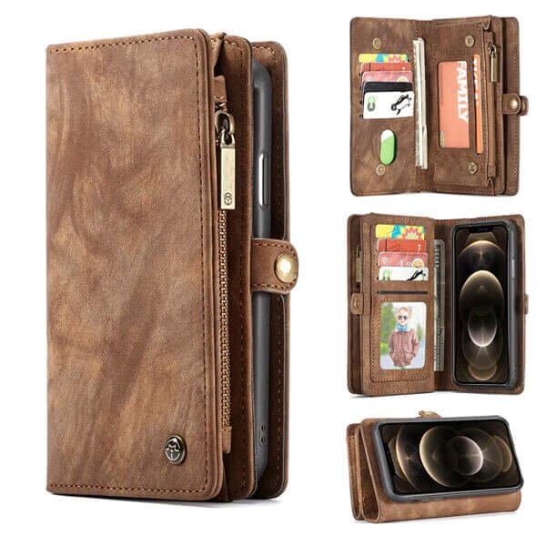 Brown Zipper & Detachable Pouch Wallet Flip Wallet Case