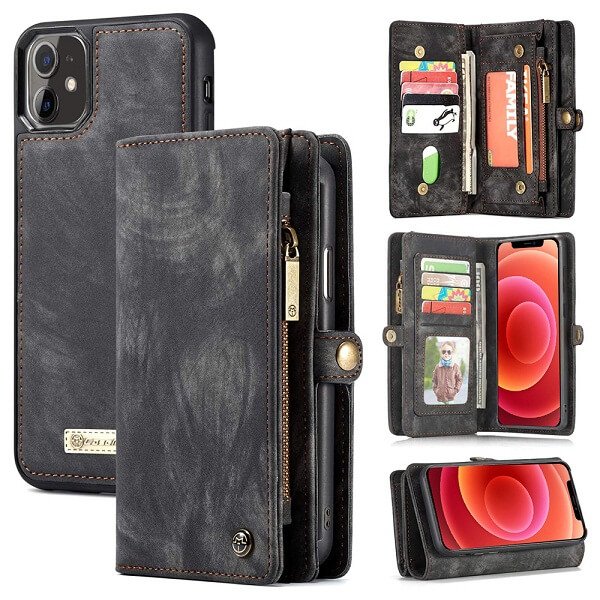 Black Zipper & Detachable Pouch Wallet Flip Wallet Case Cover