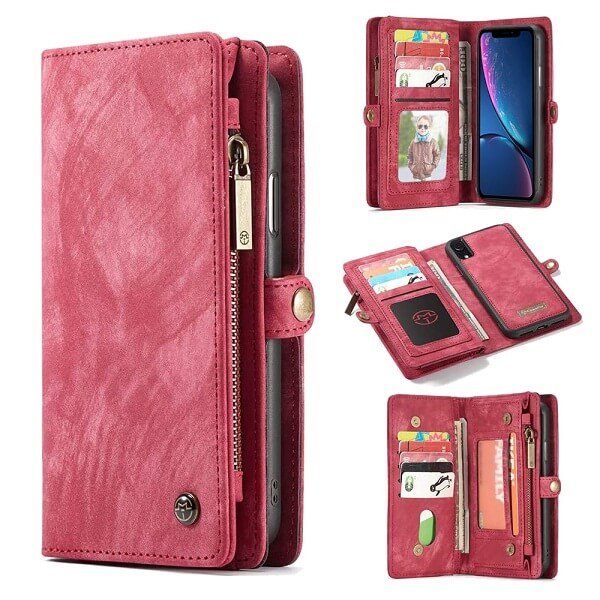 CaseMe For Apple iPhone XR Zipper & Detachable Retro Leather Pouch Wallet Flip Purse Bag Detachable Phone Case Cover (Red)