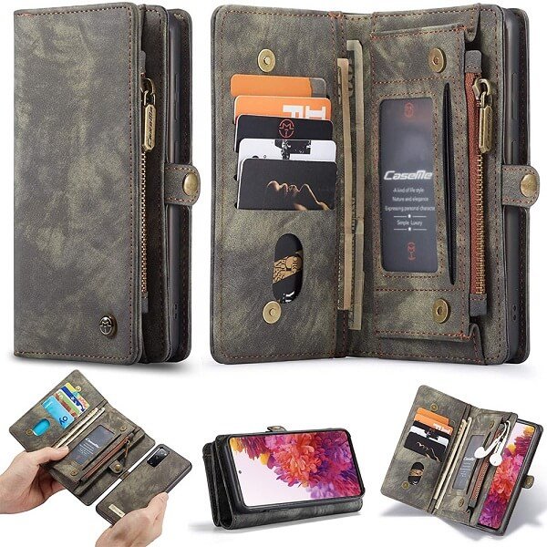 CaseMe For Samsung Galaxy S Series Zipper & Detachable Retro Leather Pouch Wallet Flip Purse Bag Detachable Phone Case Cover