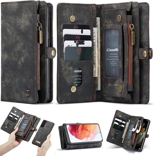 CaseMe For Samsung Galaxy S Series Zipper & Detachable Retro Leather Pouch Wallet Flip Purse Bag Detachable Phone Case Cover