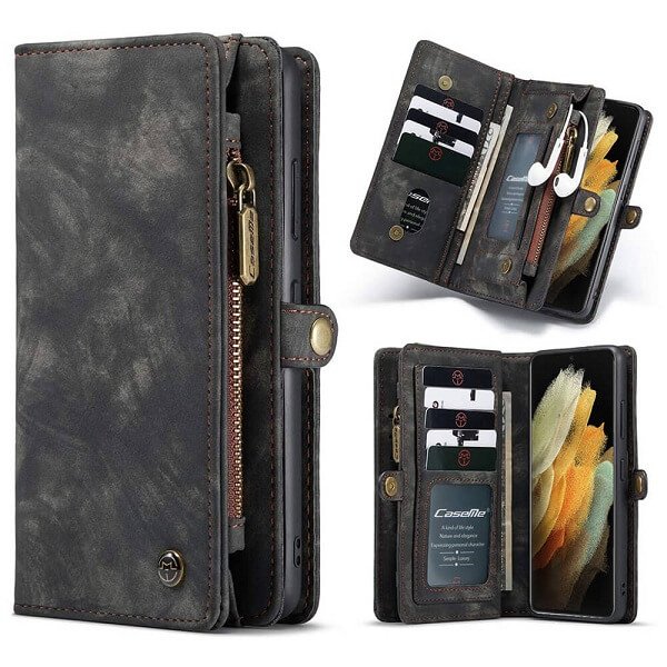 CaseMe For Samsung Galaxy S Series Zipper & Detachable Retro Leather Pouch Wallet Flip Purse Bag Detachable Phone Case Cover