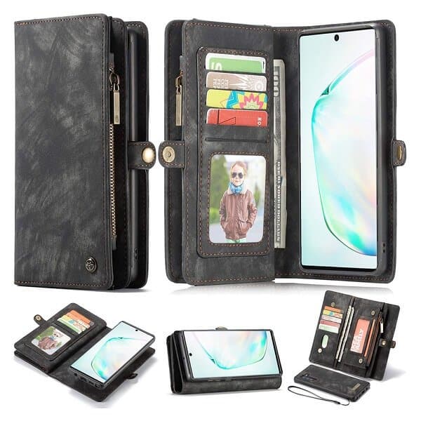 CaseMe For Samsung Galaxy Note 10 Zipper & Detachable Retro Leather Pouch Wallet Flip Purse Bag Detachable Phone Case Cover (Black)
