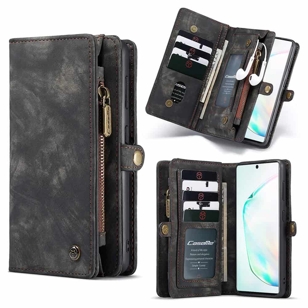CaseMe For Samsung Galaxy Note 10 Plus Zipper & Detachable Retro Leather Pouch Wallet Flip Purse Bag Detachable Phone Case Cover (Black)