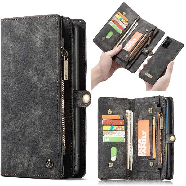 CaseMe For Samsung Galaxy Note 20 Zipper & Detachable Retro Leather Pouch Wallet Flip Purse Bag Detachable Phone Case Cover (Black)