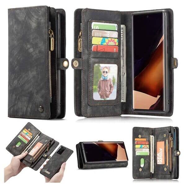 CaseMe For Samsung Galaxy Note 20 Ultra Zipper & Detachable Retro Leather Pouch Wallet Flip Purse Bag Detachable Phone Case Cover (Black)