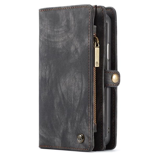 CaseMe For Apple iPhone X /XS Zipper & Detachable Retro Leather Pouch Wallet Flip Purse Bag Detachable Phone Case Cover (Black)