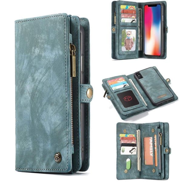 CaseMe For Apple iPhone X /XS Zipper & Detachable Retro Leather Pouch Wallet Flip Purse Bag Detachable Phone Case Cover (Sky Blue)