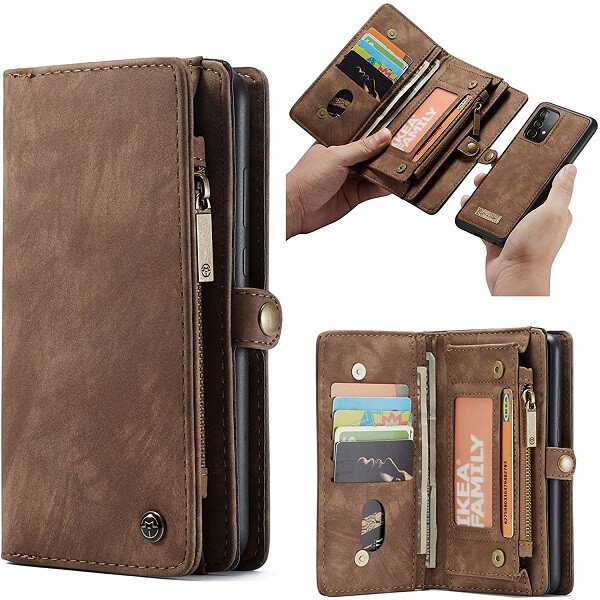 CaseMe For Samsung Galaxy A52 Zipper & Detachable Retro Leather Pouch Wallet Flip Purse Bag Detachable Phone Case Cover (Brown)