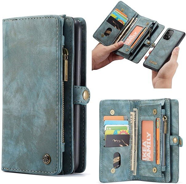 Sky Blue Zipper & Detachable Pouch Wallet Flip Wallet Case