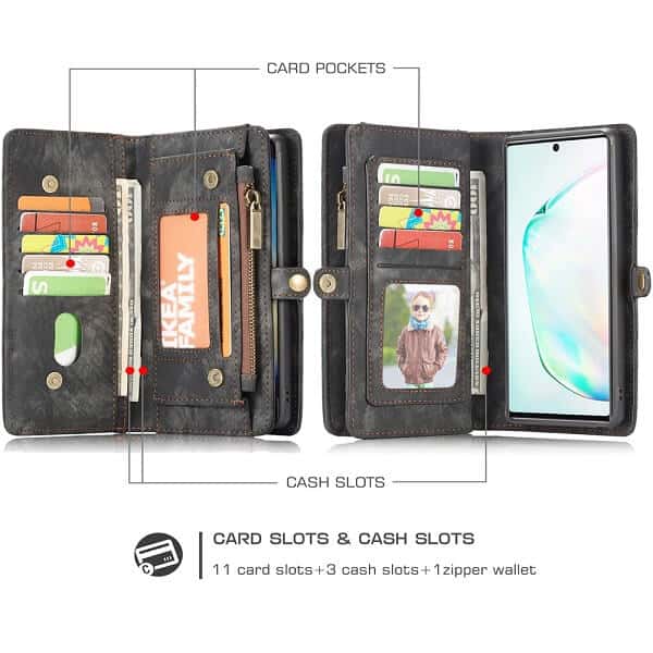 CaseMe For Samsung Galaxy Note Series Zipper & Detachable Retro Leather Pouch Wallet Flip Purse Bag Detachable Phone Case Cover