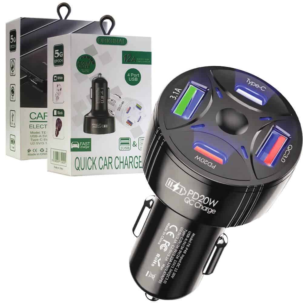 53W 12A PD + USB QC3.0 Multi 4 Ports Fast Charging Car Charger Cigarette Lighter Adapter
