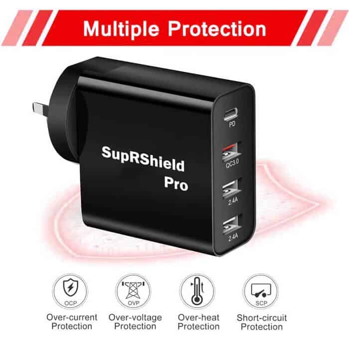 SupRShield 50W SAA Certified PD Fast Charging Charger Multi 4 Ports USB-C QC3.0 Power Wall Plug Travel Adapter