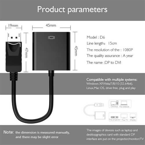 DisplayPort DP Male to DVI Female Adapter Display Port Converter For Computer, Desktop, Laptop, PC, Monitor, Projector, HDTV - Black