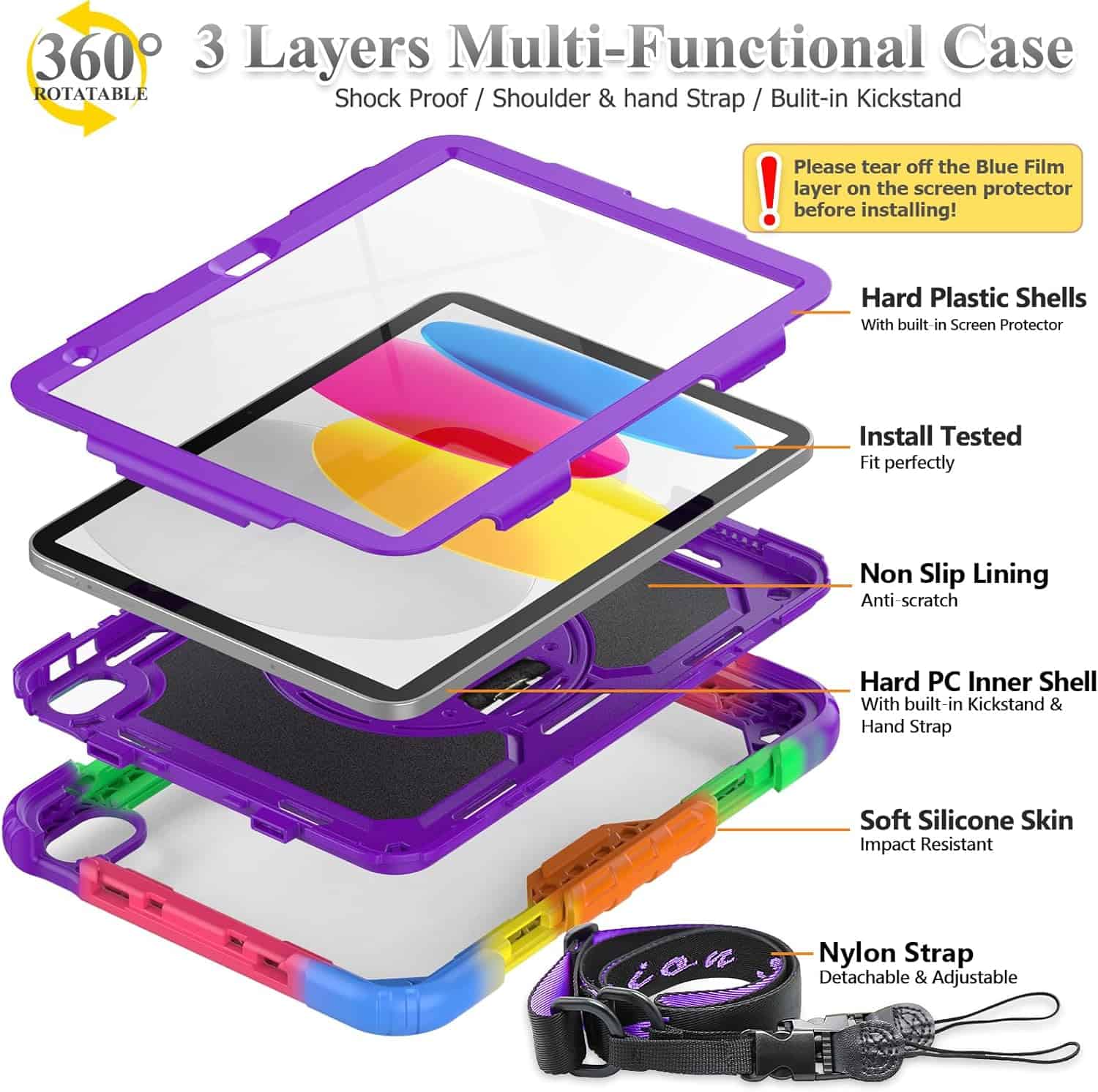 For Apple iPad With Belt Military Grade Rotating Case TPU Shockproof Multi-Layer Protective Kickstand Cover
