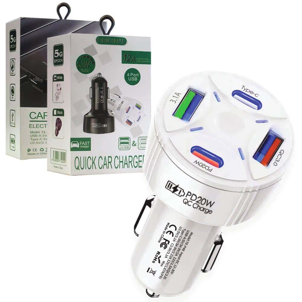 53W 12A PD + USB QC3.0 Multi 4 Ports Fast Charging Car Charger Cigarette Lighter Adapter
