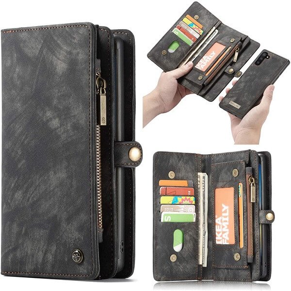 CaseMe For Samsung Galaxy Note Series Zipper & Detachable Retro Leather Pouch Wallet Flip Purse Bag Detachable Phone Case Cover