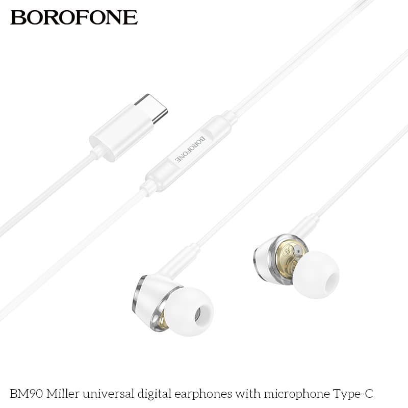 BOROFONE BM90 USB Type C Wire Controlled Digital Earphones Headphone With Microphone Supports Calls Audio Plug Wired Headset (White)