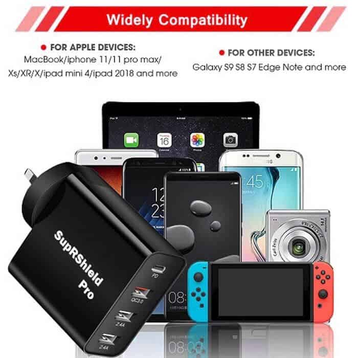 SupRShield 50W SAA Certified PD Fast Charging Charger Multi 4 Ports USB-C QC3.0 Power Wall Plug Travel Adapter