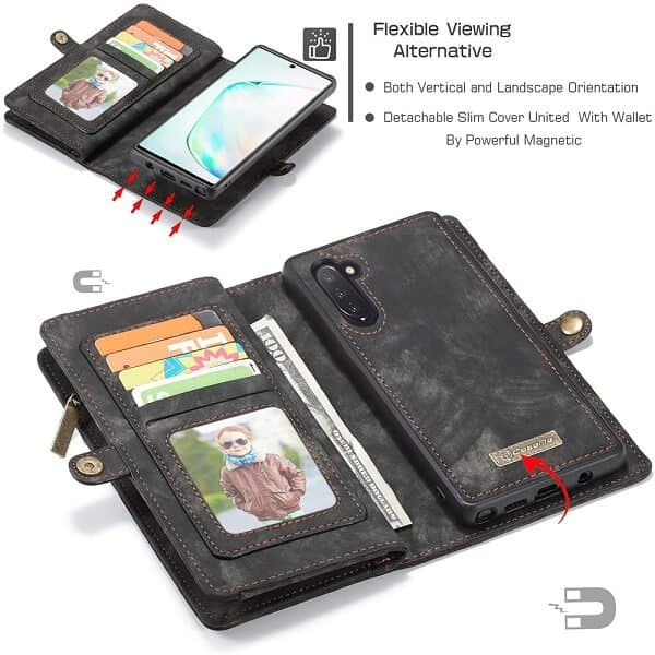 CaseMe For Samsung Galaxy Note Series Zipper & Detachable Retro Leather Pouch Wallet Flip Purse Bag Detachable Phone Case Cover