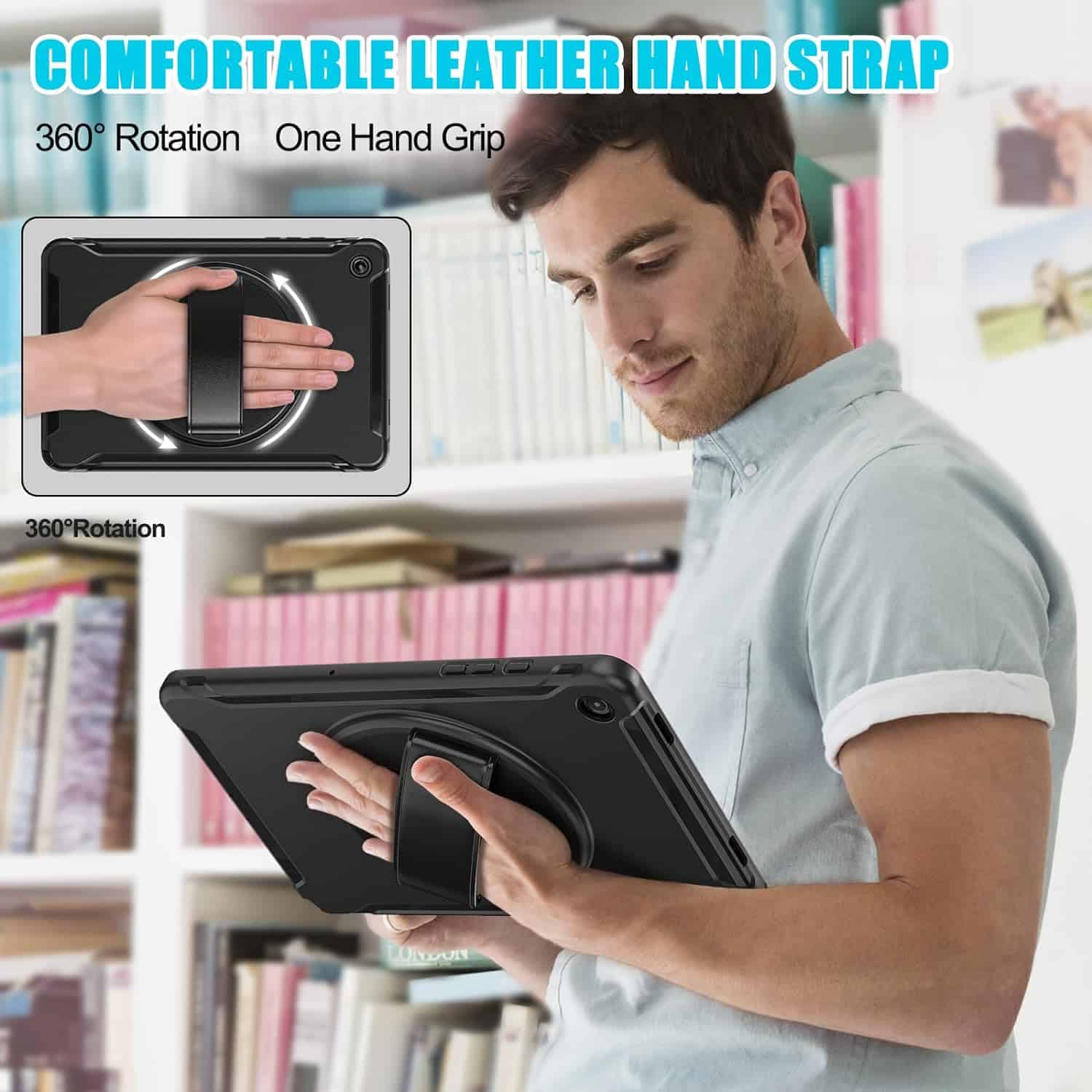 For Samsung Galaxy Tab Series 360° Rotating Stand and Hand Strap Shockproof Kickstand Case Cover