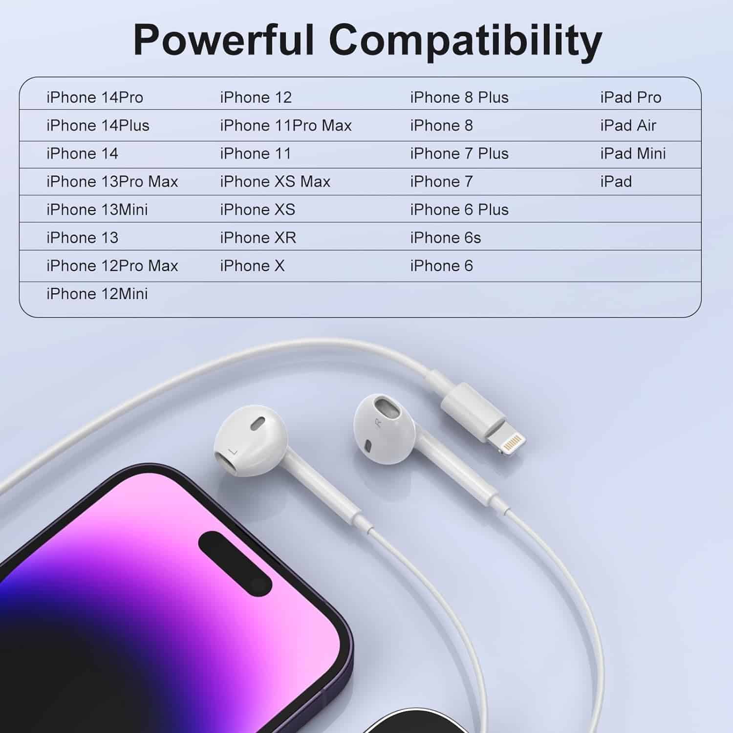 Tranyoo (T-R14) Lightning Wired Headphones Earphones Earbuds Headset For iPhone/iPad/iPod 14/13/12/11/XR/XS/X/8 (Built-in Microphone & Volume Control)